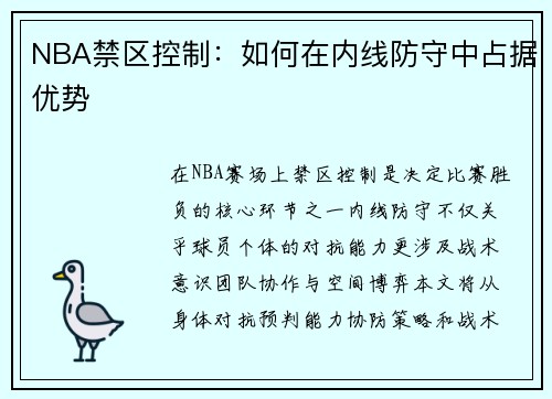 NBA禁区控制：如何在内线防守中占据优势
