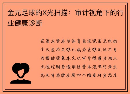 金元足球的X光扫描：审计视角下的行业健康诊断